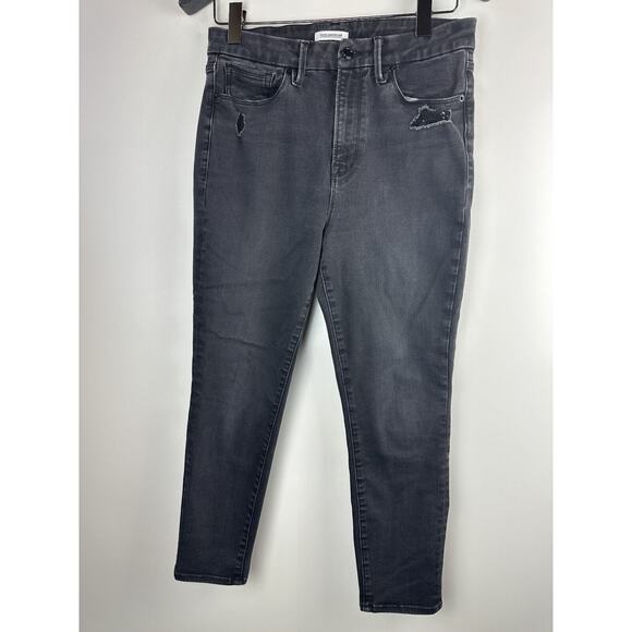 Good American Good Waist Ripped High Waist Crop Jeans Distressed Black Size 14 - Picture 2 of 12